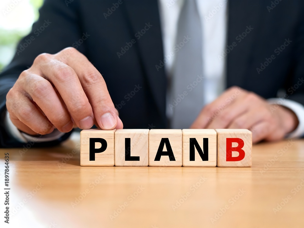 Obraz premium Business Strategy Concept Plan B Wooden Blocks With Businessman Hands Planning Project Steps