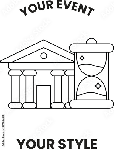 A white and black drawing of a building and a clock