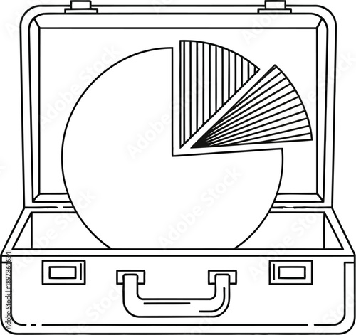 Financial data presentation concept symbolized by a large pie chart graphic displayed prominently inside an open, professional business briefcase illustration