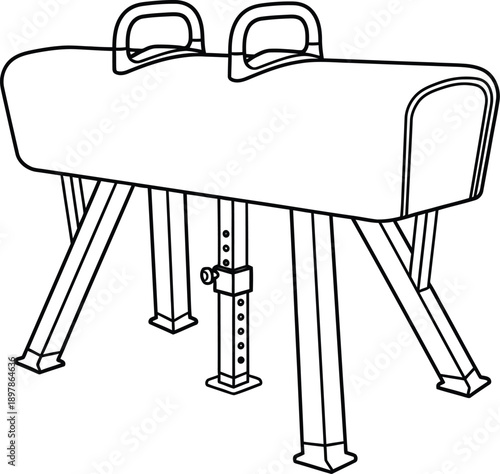 Black and white line art illustration depicts a classic gymnastics pommel horse apparatus isolated against a clean white background for design projects