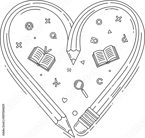 Abstract line art illustration featuring two pencils forming a heart shape enclosing educational symbols like books and a magnifying glass for learning concepts