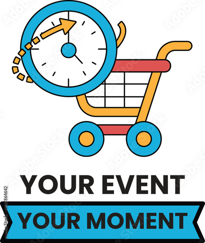 A clock is shown with a shopping cart in the background