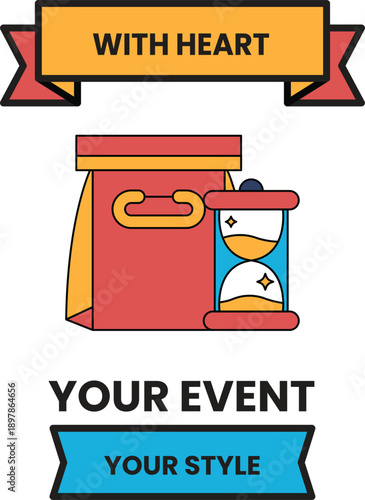 A red and yellow ribbon with the words "with heart" on it