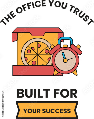 The image is a pizza box with a clock on it