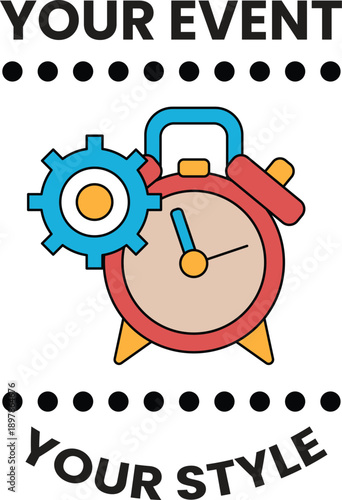 A clock with gears and a red and blue face