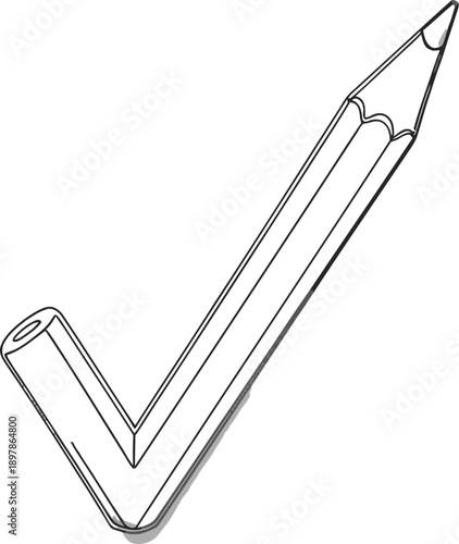 Concept illustration depicting a three dimensional pencil expertly shaped into a precise checkmark symbolizing approval creativity and design completion on a white background
