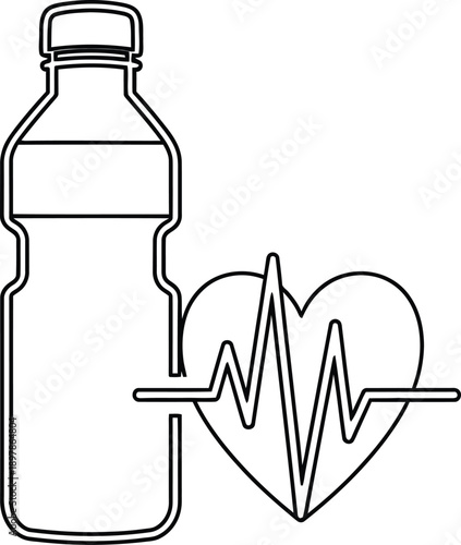 Simple black and white outline drawing illustrating the vital connection between hydration through bottled water consumption and maintaining a healthy human heart rhythm.