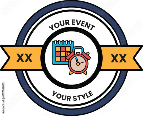 A blue and white circle with a red clock and a calendar