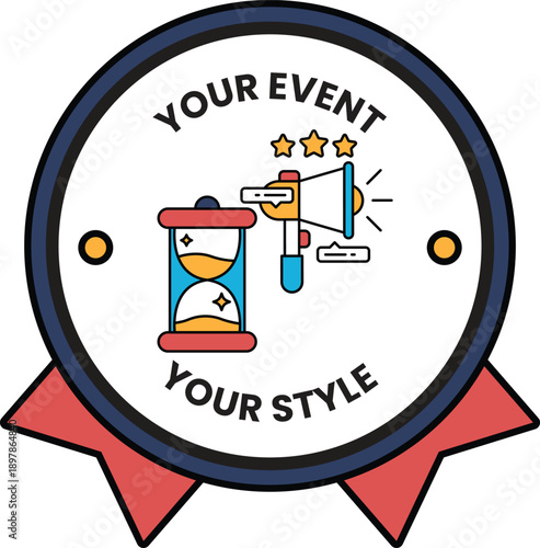 A round badge with a clock and a microphone on it