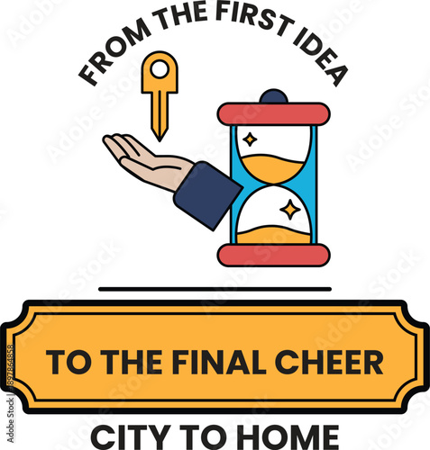 A hand holding a key is shown above a sand timer