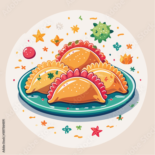 Colorful Illustration of Delicious Empanadas on a Decorative Plate