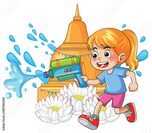Young Girl Playing with Water Gun During Songkran Festival Celebration