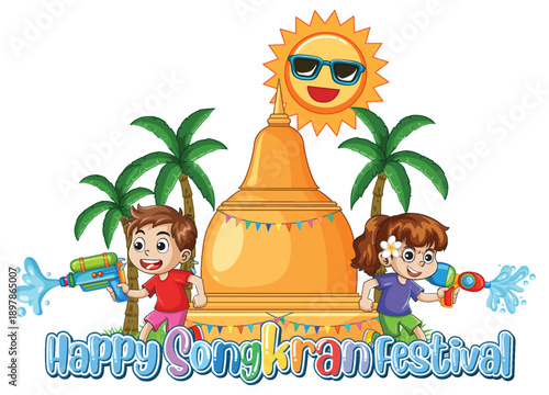 Happy Songkran Festival Illustration with Children Playing with Water Guns