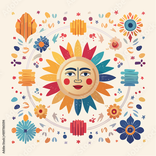 Colorful Folk art Sun Illustration with Floral and Geometric Elements