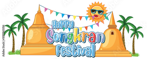 Happy Songkran Festival Vector Illustration with Golden Pagodas and Palm Trees