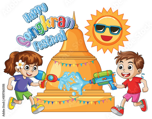Children Playing with Water Guns During Happy Songkran Festival Celebration