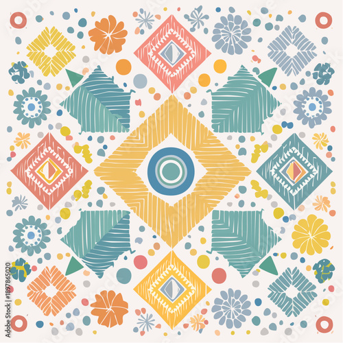 Colorful Geometric and Floral Pattern on a White Background