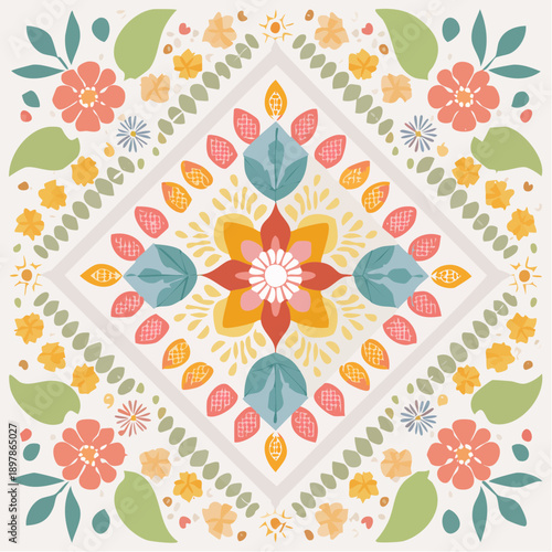 Colorful Flat Vector Floral Illustration with Decorative Elements