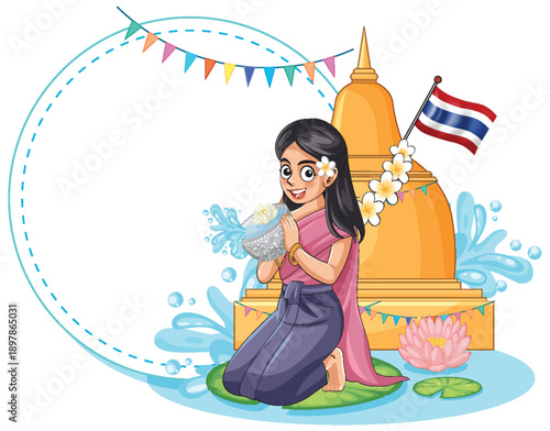 Thai Woman Celebrating Songkran Festival with Water Bowl and Pagoda Background