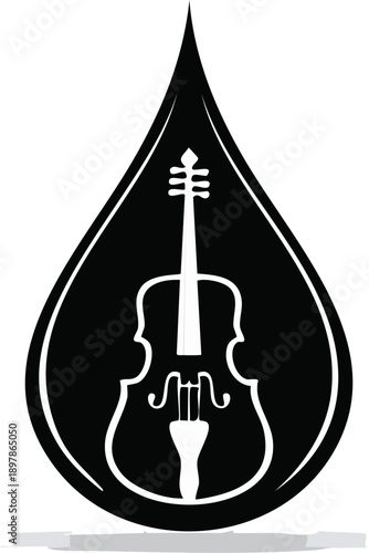  Solid black cello silhouette whose body subtly forms a water droplet shape, smooth elegant