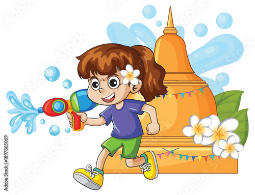 Young Girl Playing with Water Gun During Songkran Festival Celebration