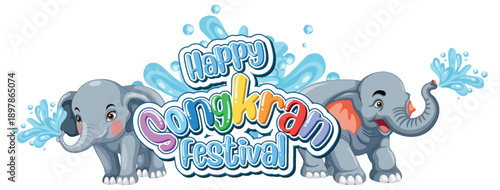 Happy Songkran Festival Vector Illustration with Cartoon Elephants Spraying W...
