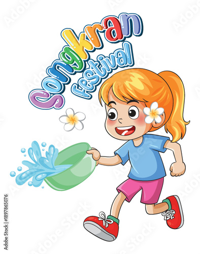Happy Girl Running and Splashing Water During Songkran Festival Celebration