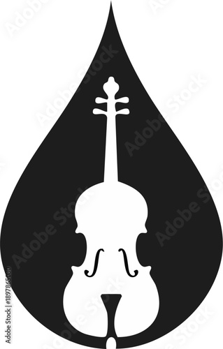 Solid black cello silhouette whose body subtly forms a water droplet shape