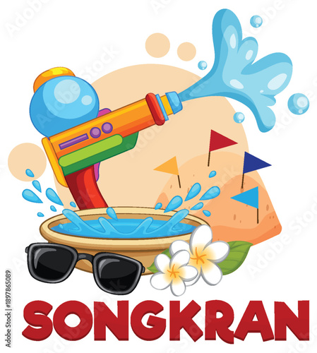 Colorful Songkran Festival Vector Illustration with Water Gun and Sand Pagoda