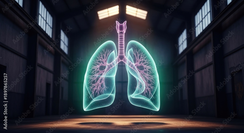 Obraz premium Floating lungs in industrial space, illuminated