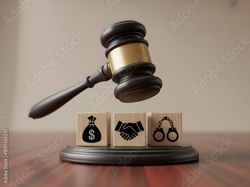 Judge Gavel Striking Corruption Icons on Wooden Blocks – Justice, Law Enforcement, Anti-Bribery Concept Background