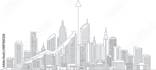 Downtown cityscape line art featuring a prominent upward trending arrow symbolizing continuous economic growth and real estate development success
