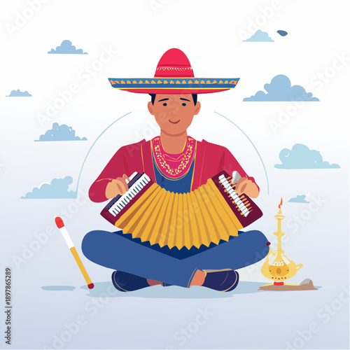 Mexican Accordion Player with Sombrero and Cultural Instruments