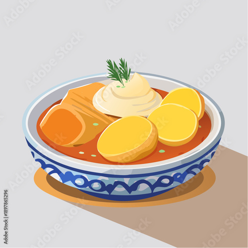 Flat Vector Illustration of Savory Stew with Potatoes and Sauce
