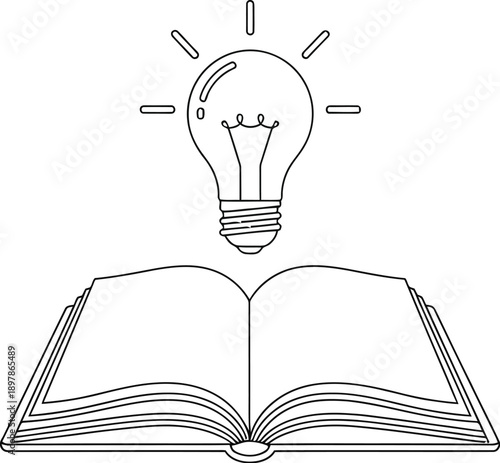 Black and white line art icon depicting an illuminated light bulb emerging directly above an open book symbolizing knowledge and great ideas