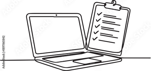 Modern laptop with checklist on clipboard, productivity and task management scene, workplace illustration