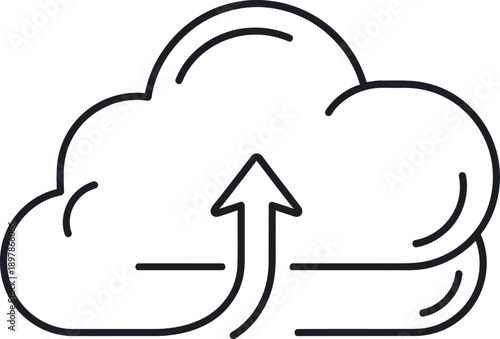 Simple black and white outline icon depicting a digital cloud symbol with an upward curving arrow indicating a data upload or transfer process in technology.
