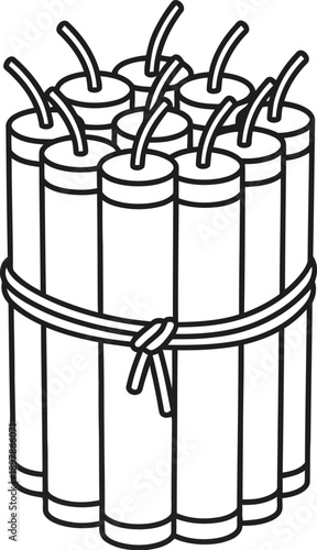 Simple line art illustration depicting a classic bundle of dynamite sticks tied together with a cord and featuring visible fuses ready for ignition