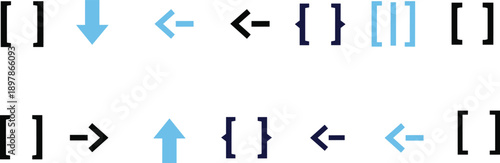 Code navigation arrows and brackets icons set, programming direction symbols, developer interface elements, minimal software workflow, vector illustration