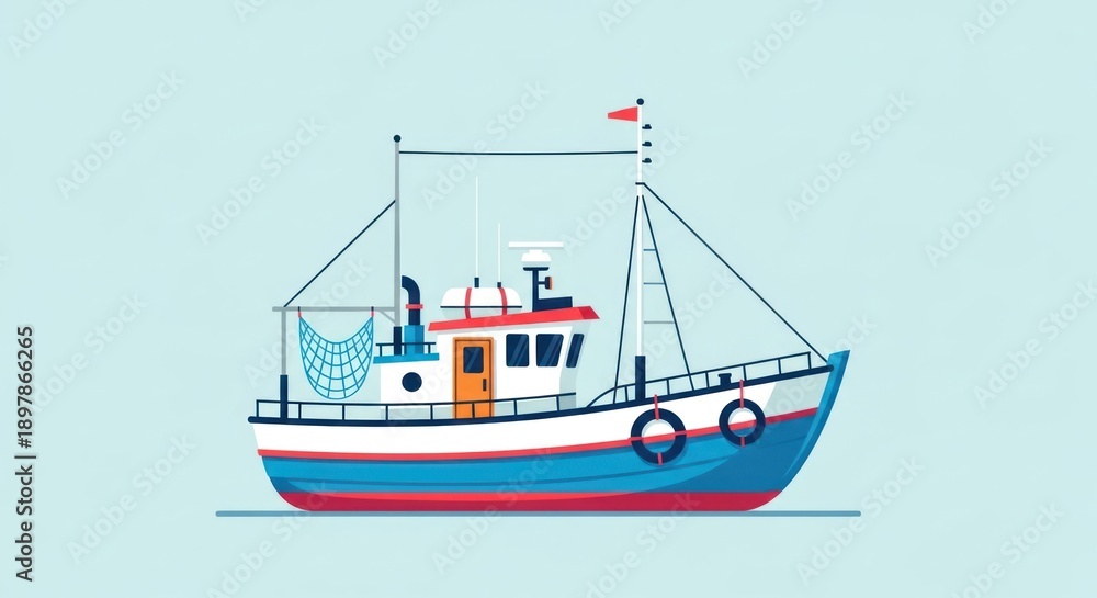 Fototapeta premium Illustrated boat with masts, rigging, net. Flat design, nautical scene