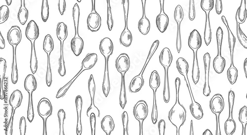 Sketch of Various Spoons, Kitchen Utensils, Culinary Art, Food Illustration, Monochrome Style