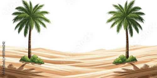 Desert oasis vector landscape, twin palm trees, sandy dunes, symmetrical tropical background, nature illustration, summer travel concept, minimal design banner