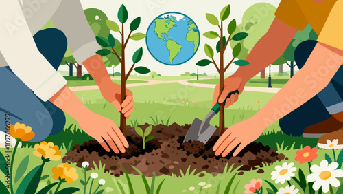 Two people planting trees in garden with earth globe in background  