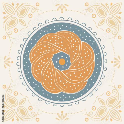 Flat vector illustration of Turkish Ramadan bread with sesame seeds, top view