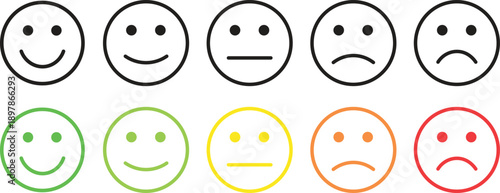 Customer Satisfaction Feedback Emoticon Scale. Colorful and Black Line Smiley Face Icons Set from Happy to Sad for Survey and Review Rating Systems