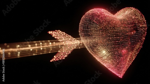 An eye-catching, unique image of a glowing heart pierced by an arrow against a dark backdrop. ..Created with Generative AI, not depicting real subjects.
