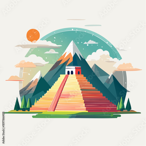 Colorful Aztec Temple Illustration with Mountains and Sunshine