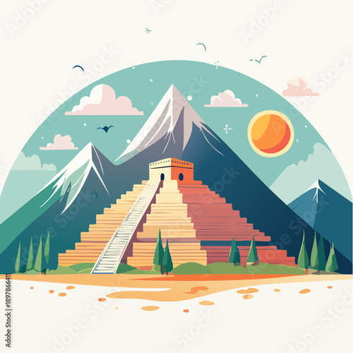 Mayan Temple Illustration with Mountains and Scenic Landscape