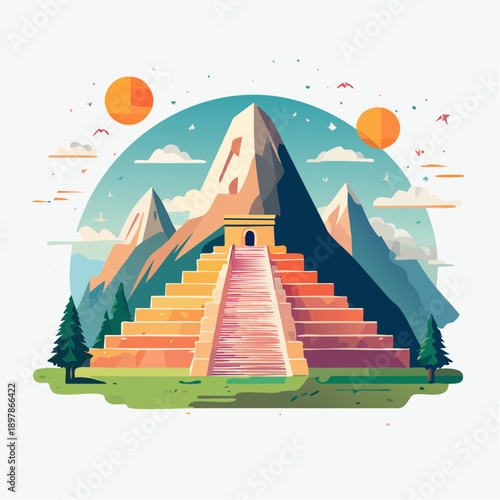 Colorful Flat Vector Illustration of a Mesoamerican Pyramid Temple
