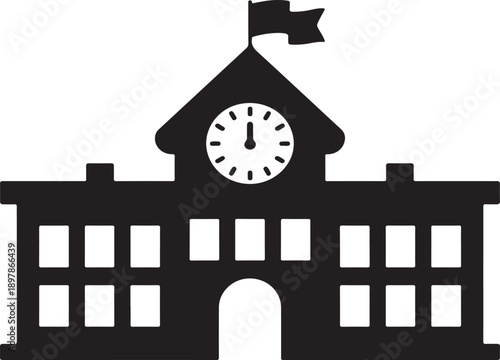 School building with clock and flag flat icon for apps and websites. College education vector illustration on white isolated background.